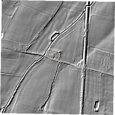 Shaded relief map of the ground around NG236DU, computed from Environment Agency LiDAR. The ground here sits at about 10 m above sea level and falls 4 m across the surrounding 800 m. Surface water reaching this point runs off ground lying to the north-north-east, 1.5 m higher.