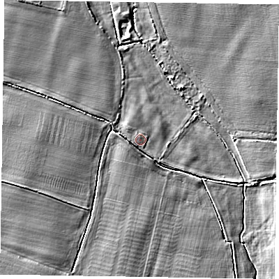 Shaded relief map of the ground around NG236DX, computed from Environment Agency LiDAR. The ground here sits at about 11 m above sea level and falls 4 m across the surrounding 800 m. Surface water reaching this point runs off ground lying to the south-west, 0.8 m higher.