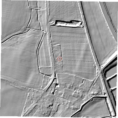 Shaded relief map of the ground around NG236DY, computed from Environment Agency LiDAR. The ground here sits at about 11 m above sea level and falls 10 m across the surrounding 800 m. Surface water reaching this point runs off ground lying to the west, 0.8 m higher.