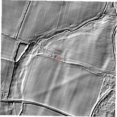 Shaded relief map of the ground around NG236DZ, computed from Environment Agency LiDAR. The ground here sits at about 11 m above sea level and falls 4 m across the surrounding 800 m. Surface water reaching this point runs off ground lying to the south-south-east, 2.2 m higher.