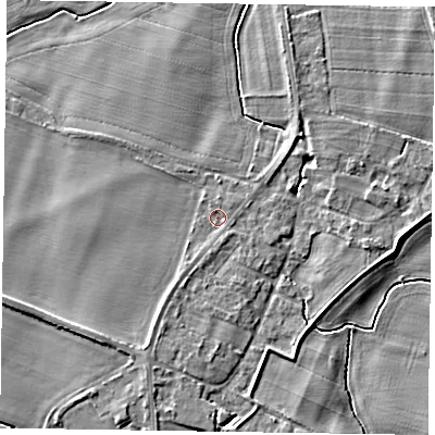Shaded relief map of the ground around NG236EA, computed from Environment Agency LiDAR. The ground here sits at about 11 m above sea level and falls 5 m across the surrounding 800 m. Surface water reaching this point runs off ground lying to the south-west, 0.9 m higher.