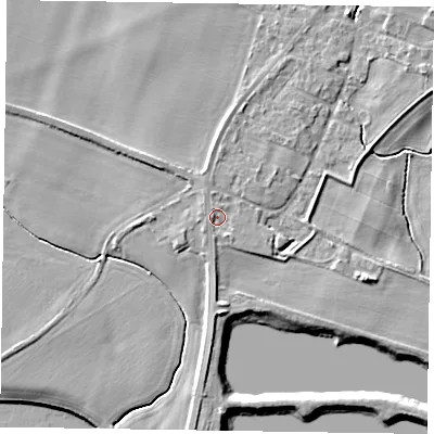 Shaded relief map of the ground around NG236EB, computed from Environment Agency LiDAR. The ground here sits at about 11 m above sea level and falls 7 m across the surrounding 800 m. Surface water reaching this point runs off ground lying to the west-north-west, 1.0 m higher.