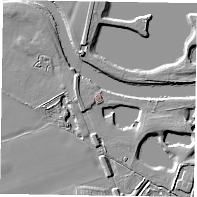 Shaded relief map of the ground around NG236ED, computed from Environment Agency LiDAR. The ground here sits at about 12 m above sea level and falls 8 m across the surrounding 800 m. Surface water reaching this point runs off ground lying to the south-west, 1.7 m higher.