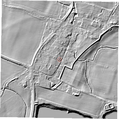 Shaded relief map of the ground around NG236EE, computed from Environment Agency LiDAR. The ground here sits at about 11 m above sea level and falls 6 m across the surrounding 800 m. Surface water reaching this point runs off ground lying to the west-south-west, 3.4 m higher.
