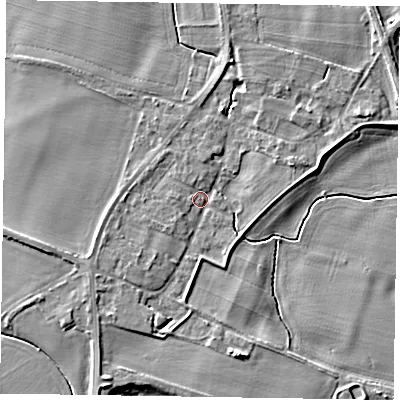 Shaded relief map of the ground around NG236EF, computed from Environment Agency LiDAR. The ground here sits at about 11 m above sea level and falls 6 m across the surrounding 800 m. Surface water reaching this point runs off ground lying to the south-west, 3.4 m higher.