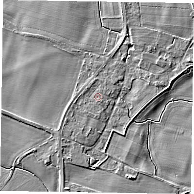 Shaded relief map of the ground around NG236EG, computed from Environment Agency LiDAR. The ground here sits at about 11 m above sea level and falls 6 m across the surrounding 800 m. Surface water reaching this point runs off ground lying to the south-west, 1.3 m higher.