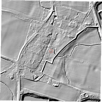 Shaded relief map of the ground around NG236EH, computed from Environment Agency LiDAR. The ground here sits at about 10 m above sea level and falls 6 m across the surrounding 800 m. Surface water reaching this point runs off ground lying to the east-north-east, 1.8 m higher.