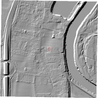 Shaded relief map of the ground around NG236EL, computed from Environment Agency LiDAR. The ground here sits at about 10 m above sea level and falls 12 m across the surrounding 800 m. Surface water reaching this point runs off ground lying to the west-south-west, 8.2 m higher.