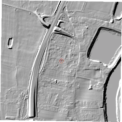 Shaded relief map of the ground around NG236EN, computed from Environment Agency LiDAR. The ground here sits at about 10 m above sea level and falls 12 m across the surrounding 800 m. Surface water reaching this point runs off ground lying to the north, 8.0 m higher.