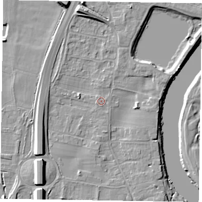 Shaded relief map of the ground around NG236EP, computed from Environment Agency LiDAR. The ground here sits at about 11 m above sea level and falls 12 m across the surrounding 800 m. Surface water reaching this point runs off ground lying to the south-west, 0.8 m higher.