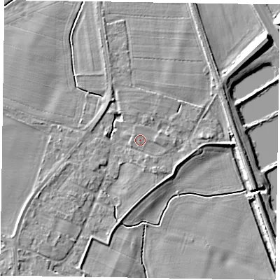 Shaded relief map of the ground around NG236EQ, computed from Environment Agency LiDAR. The ground here sits at about 11 m above sea level and falls 10 m across the surrounding 800 m. Surface water reaching this point runs off ground lying to the east, 3.1 m higher.