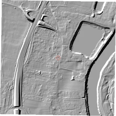 Shaded relief map of the ground around NG236ER, computed from Environment Agency LiDAR. The ground here sits at about 10 m above sea level and falls 12 m across the surrounding 800 m. Surface water reaching this point runs off ground lying to the south-west, 1.2 m higher.