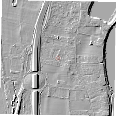Shaded relief map of the ground around NG236EU, computed from Environment Agency LiDAR. The ground here sits at about 10 m above sea level and falls 12 m across the surrounding 800 m. Surface water reaching this point runs off ground lying to the south-west, 8.0 m higher.