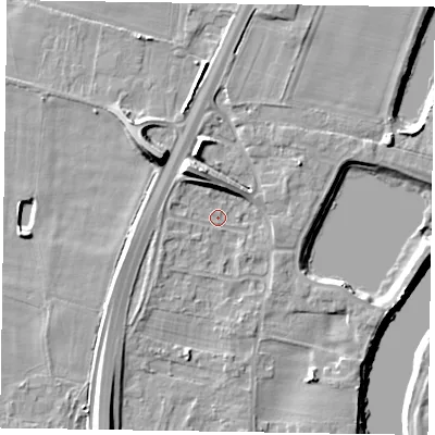 Shaded relief map of the ground around NG236EW, computed from Environment Agency LiDAR. The ground here sits at about 10 m above sea level and falls 12 m across the surrounding 800 m. Surface water reaching this point runs off ground lying to the north-north-west, 7.3 m higher.