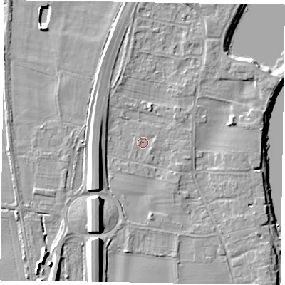Shaded relief map of the ground around NG236EX, computed from Environment Agency LiDAR. The ground here sits at about 10 m above sea level and falls 12 m across the surrounding 800 m. Surface water reaching this point runs off ground lying to the south-east, 0.8 m higher.