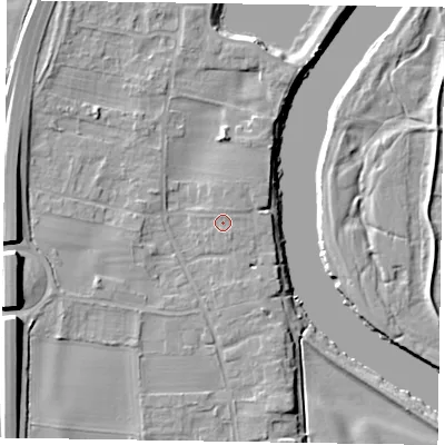 Shaded relief map of the ground around NG236EY, computed from Environment Agency LiDAR. The ground here sits at about 10 m above sea level and falls 12 m across the surrounding 800 m. Surface water reaching this point runs off ground lying to the north-north-east, 0.5 m higher.