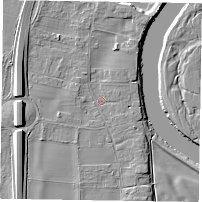 Shaded relief map of the ground around NG236EZ, computed from Environment Agency LiDAR. The ground here sits at about 9 m above sea level and falls 12 m across the surrounding 800 m. Surface water reaching this point runs off ground lying to the east-north-east, 1.7 m higher.