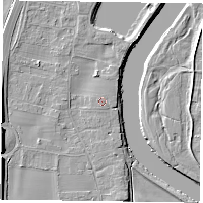 Shaded relief map of the ground around NG236FD, computed from Environment Agency LiDAR. The ground here sits at about 10 m above sea level and falls 12 m across the surrounding 800 m. Surface water reaching this point runs off ground lying to the west-north-west, 0.5 m higher.