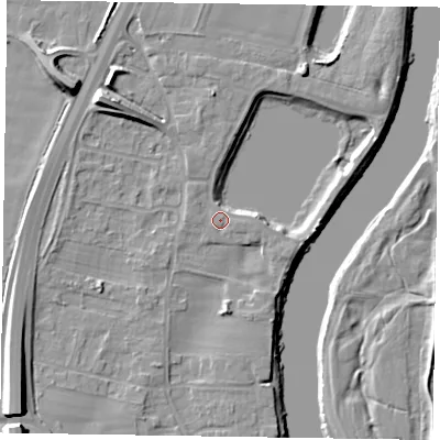 Shaded relief map of the ground around NG236FE, computed from Environment Agency LiDAR. The ground here sits at about 10 m above sea level and falls 12 m across the surrounding 800 m. Surface water reaching this point runs off ground lying to the east-south-east, 4.7 m higher.