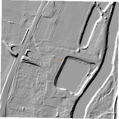 Shaded relief map of the ground around NG236FF, computed from Environment Agency LiDAR. The ground here sits at about 10 m above sea level and falls 12 m across the surrounding 800 m. Surface water reaching this point runs off ground lying to the west-north-west, 1.9 m higher.