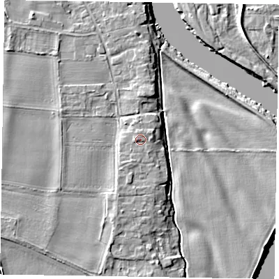 Shaded relief map of the ground around NG236FH, computed from Environment Agency LiDAR. The ground here sits at about 11 m above sea level and falls 6 m across the surrounding 800 m. Surface water reaching this point runs off ground lying to the west-north-west, 0.7 m higher.
