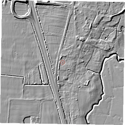Shaded relief map of the ground around NG236FN, computed from Environment Agency LiDAR. The ground here sits at about 9 m above sea level and falls 12 m across the surrounding 800 m. Surface water reaching this point runs off ground lying to the south-south-west, 1.8 m higher.