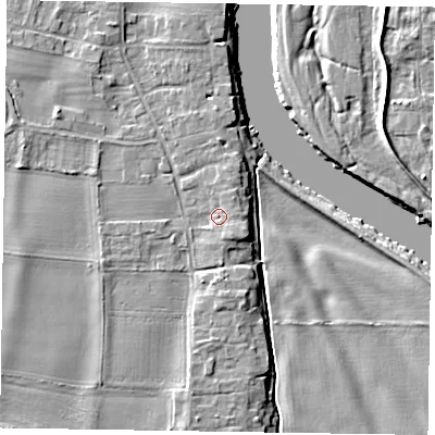 Shaded relief map of the ground around NG236GD, computed from Environment Agency LiDAR. The ground here sits at about 10 m above sea level and falls 6 m across the surrounding 800 m. Surface water reaching this point runs off ground lying to the south-east, 2.3 m higher.