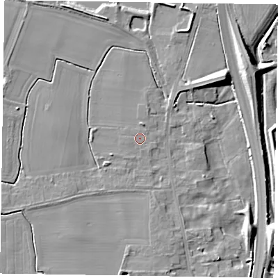 Shaded relief map of the ground around NG236GH, computed from Environment Agency LiDAR. The ground here sits at about 9 m above sea level and falls 11 m across the surrounding 800 m. Surface water reaching this point runs off ground lying to the south-east, 0.9 m higher.