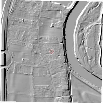 Shaded relief map of the ground around NG236HA, computed from Environment Agency LiDAR. The ground here sits at about 10 m above sea level and falls 12 m across the surrounding 800 m. Surface water reaching this point runs off ground lying to the north-east, 1.4 m higher.