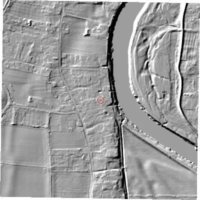 Shaded relief map of the ground around NG236HB, computed from Environment Agency LiDAR. The ground here sits at about 10 m above sea level and falls 6 m across the surrounding 800 m. Surface water reaching this point runs off ground lying to the north-east, 0.7 m higher.