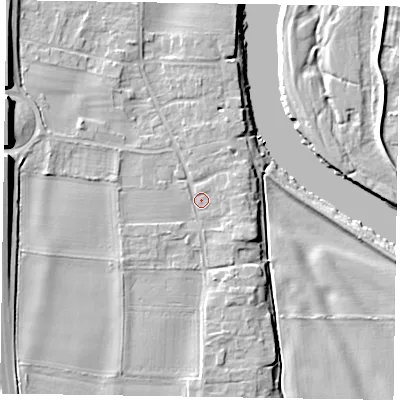 Shaded relief map of the ground around NG236HD, computed from Environment Agency LiDAR. The ground here sits at about 10 m above sea level and falls 12 m across the surrounding 800 m. Surface water reaching this point runs off ground lying to the north-north-east, 1.8 m higher.