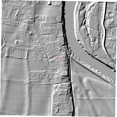 Shaded relief map of the ground around NG236HE, computed from Environment Agency LiDAR. The ground here sits at about 10 m above sea level and falls 6 m across the surrounding 800 m. Surface water reaching this point runs off ground lying to the east-south-east, 1.1 m higher.