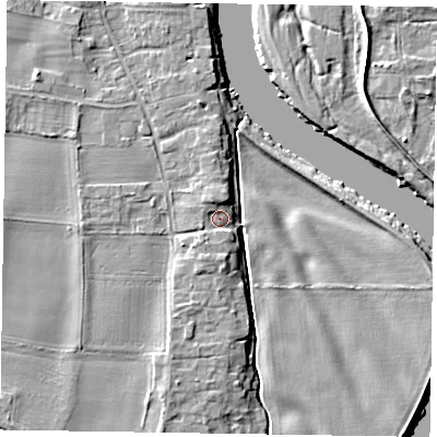Shaded relief map of the ground around NG236HG, computed from Environment Agency LiDAR. The ground here sits at about 10 m above sea level and falls 6 m across the surrounding 800 m. Surface water reaching this point runs off ground lying to the north-north-west, 2.4 m higher.