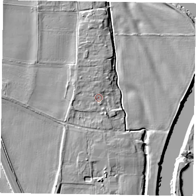 Shaded relief map of the ground around NG236HH, computed from Environment Agency LiDAR. The ground here sits at about 10 m above sea level and falls 7 m across the surrounding 800 m. Surface water reaching this point runs off ground lying to the north-west, 1.9 m higher.