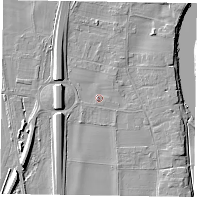 Shaded relief map of the ground around NG236HL, computed from Environment Agency LiDAR. The ground here sits at about 11 m above sea level and falls 12 m across the surrounding 800 m. Surface water reaching this point runs off ground lying to the north-north-west, 1.2 m higher.