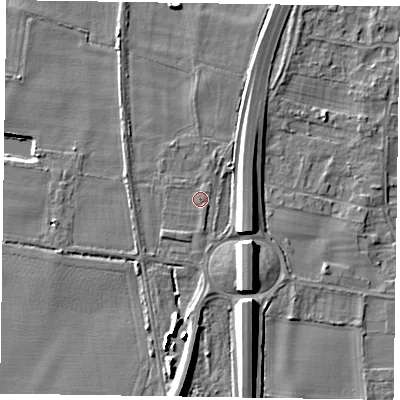 Shaded relief map of the ground around NG236HN, computed from Environment Agency LiDAR. The ground here sits at about 11 m above sea level and falls 9 m across the surrounding 800 m. Surface water reaching this point runs off ground lying to the south-east, 8.0 m higher.