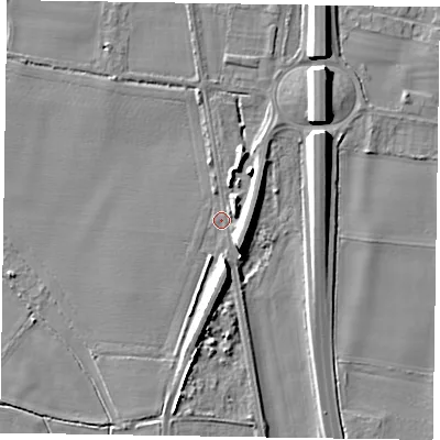 Shaded relief map of the ground around NG236HP, computed from Environment Agency LiDAR. The ground here sits at about 11 m above sea level and falls 9 m across the surrounding 800 m. Surface water reaching this point runs off ground lying to the north, 1.4 m higher.