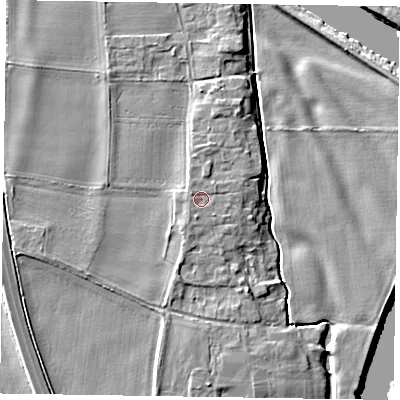 Shaded relief map of the ground around NG236HQ, computed from Environment Agency LiDAR. The ground here sits at about 11 m above sea level and falls 6 m across the surrounding 800 m. Surface water reaching this point runs off ground lying to the north-west, 0.8 m higher.