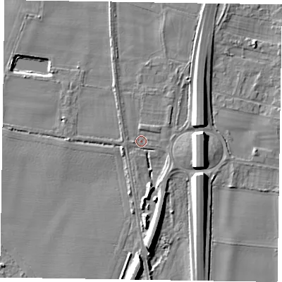 Shaded relief map of the ground around NG236HR, computed from Environment Agency LiDAR. The ground here sits at about 11 m above sea level and falls 9 m across the surrounding 800 m. Surface water reaching this point runs off ground lying to the south, 6.7 m higher.