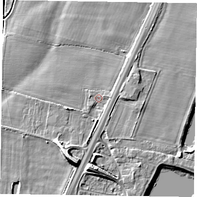 Shaded relief map of the ground around NG236HS, computed from Environment Agency LiDAR. The ground here sits at about 10 m above sea level and falls 11 m across the surrounding 800 m. Surface water reaching this point runs off ground lying to the south-south-west, 7.7 m higher.