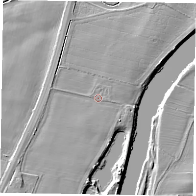 Shaded relief map of the ground around NG236HU, computed from Environment Agency LiDAR. The ground here sits at about 10 m above sea level and falls 6 m across the surrounding 800 m. Surface water reaching this point runs off ground lying to the south-west, 2.0 m higher.