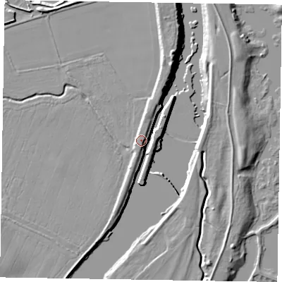 Shaded relief map of the ground around NG236HX, computed from Environment Agency LiDAR. The ground here sits at about 10 m above sea level and falls 10 m across the surrounding 800 m. Surface water reaching this point runs off ground lying to the south, 6.6 m higher.