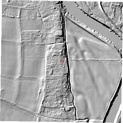 Shaded relief map of the ground around NG236HY, computed from Environment Agency LiDAR. The ground here sits at about 10 m above sea level and falls 6 m across the surrounding 800 m. Surface water reaching this point runs off ground lying to the west-south-west, 0.9 m higher.