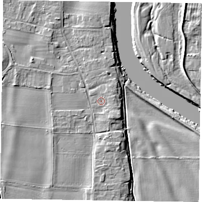 Shaded relief map of the ground around NG236HZ, computed from Environment Agency LiDAR. The ground here sits at about 10 m above sea level and falls 6 m across the surrounding 800 m. Surface water reaching this point runs off ground lying to the east-north-east, 1.1 m higher.
