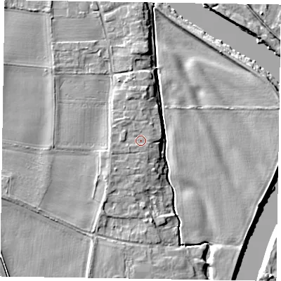 Shaded relief map of the ground around NG236JA, computed from Environment Agency LiDAR. The ground here sits at about 11 m above sea level and falls 6 m across the surrounding 800 m. Surface water reaching this point runs off ground lying to the west-south-west, 1.0 m higher.