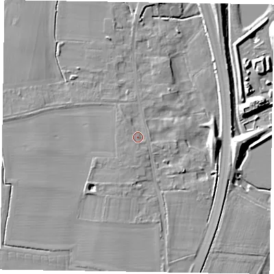 Shaded relief map of the ground around NG236JD, computed from Environment Agency LiDAR. The ground here sits at about 10 m above sea level and falls 12 m across the surrounding 800 m. Surface water reaching this point runs off ground lying to the south-west, 1.1 m higher.