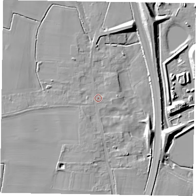 Shaded relief map of the ground around NG236JE, computed from Environment Agency LiDAR. The ground here sits at about 9 m above sea level and falls 12 m across the surrounding 800 m. Surface water reaching this point runs off ground lying to the south-south-west, 1.4 m higher.