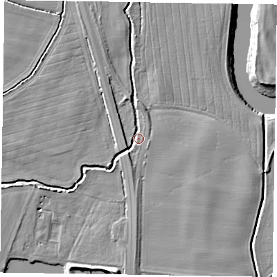 Shaded relief map of the ground around NG236JF, computed from Environment Agency LiDAR. The ground here sits at about 8 m above sea level and falls 14 m across the surrounding 800 m. Surface water reaching this point runs off ground lying to the south-west, 3.1 m higher.