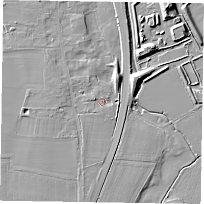 Shaded relief map of the ground around NG236JG, computed from Environment Agency LiDAR. The ground here sits at about 9 m above sea level and falls 12 m across the surrounding 800 m. Surface water reaching this point runs off ground lying to the west-north-west, 2.7 m higher.