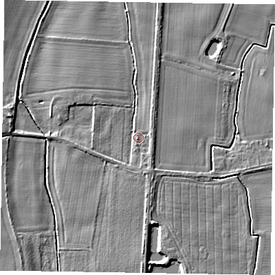 Shaded relief map of the ground around NG236JH, computed from Environment Agency LiDAR. The ground here sits at about 10 m above sea level and falls 5 m across the surrounding 800 m. Surface water reaching this point runs off ground lying to the south-south-east, 1.9 m higher.